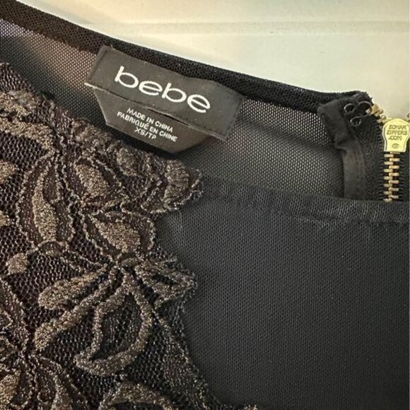 BEBE | Evening Dress w/ Sheer Sleeves | Black and Gold |  XS - Picture 7 of 11
